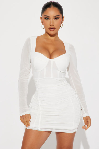 White - Long Sleeve Mesh Bodycon Dress