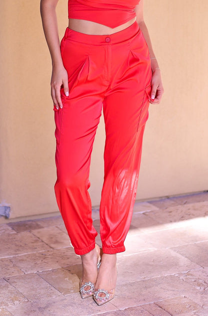 Red Satin Joggers - High Waisted