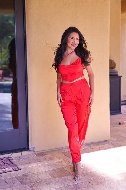 Red Satin Joggers - High Waisted