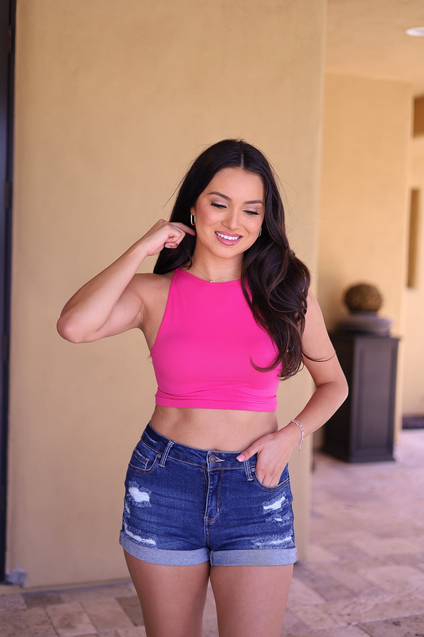 Fuschia Pink - High Neck Neon Crop Tank