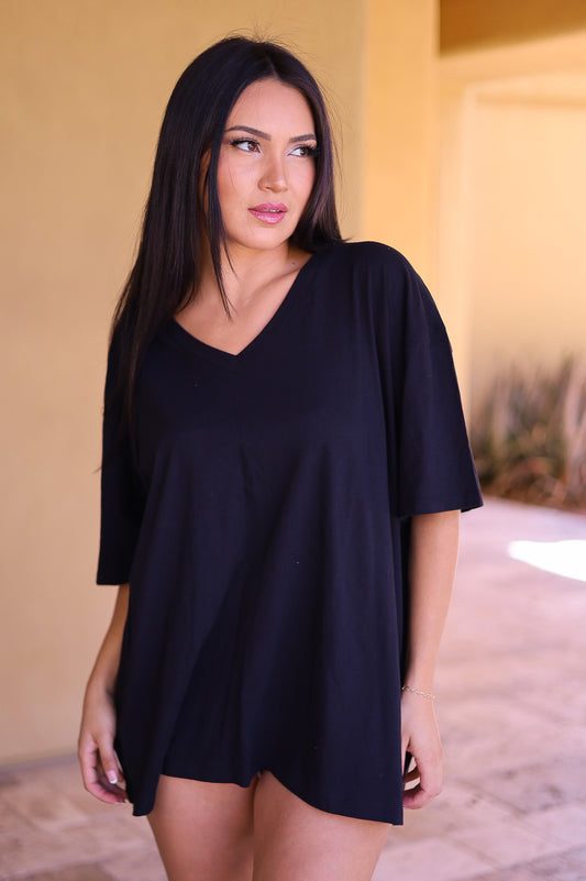 Black - Zenana Cotton Drop Shoulder Boyfriend Box Tee - Oversized