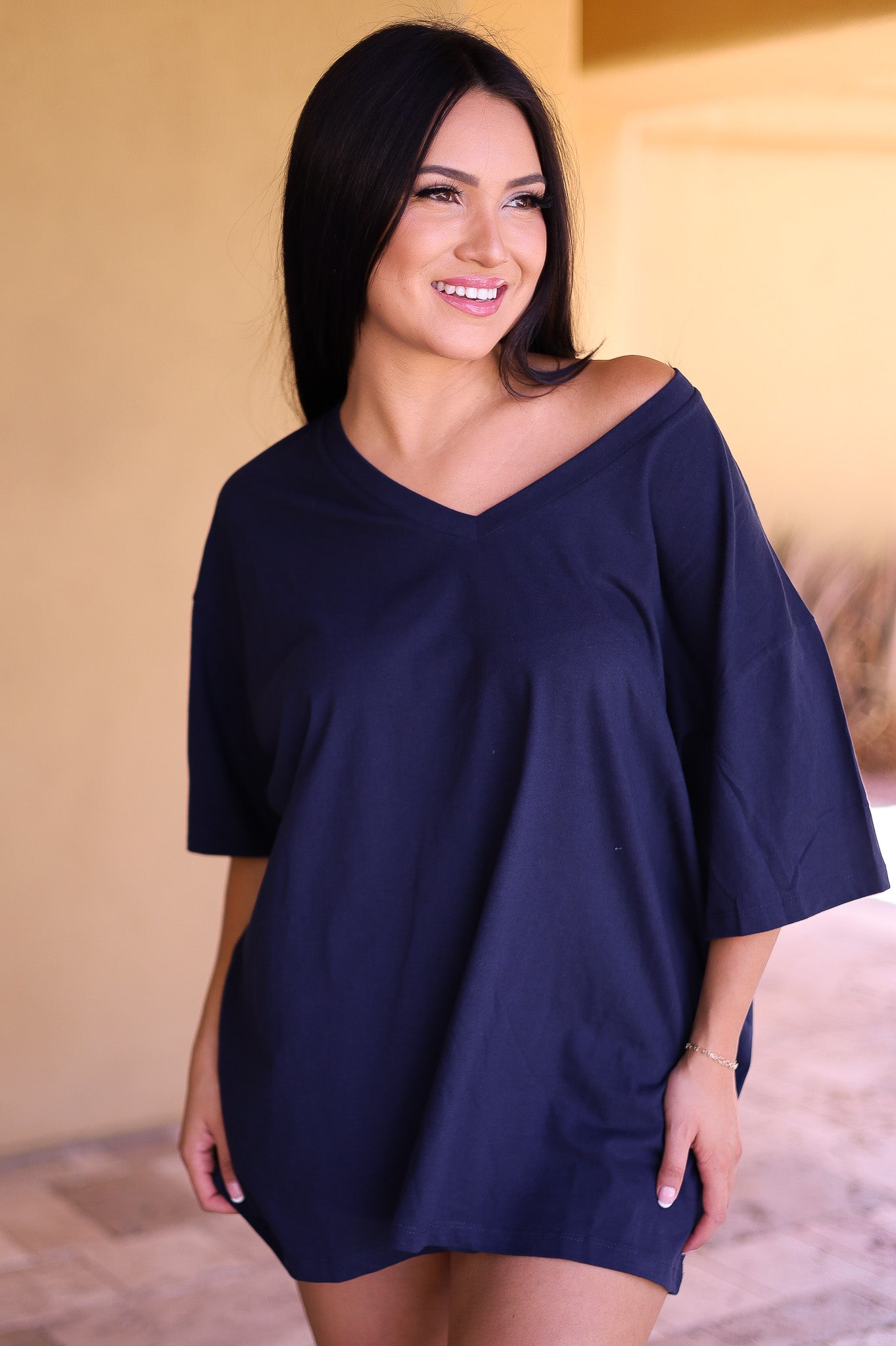 Navy - Zenana Cotton Drop Shoulder Boyfriend Box Tee - Oversized