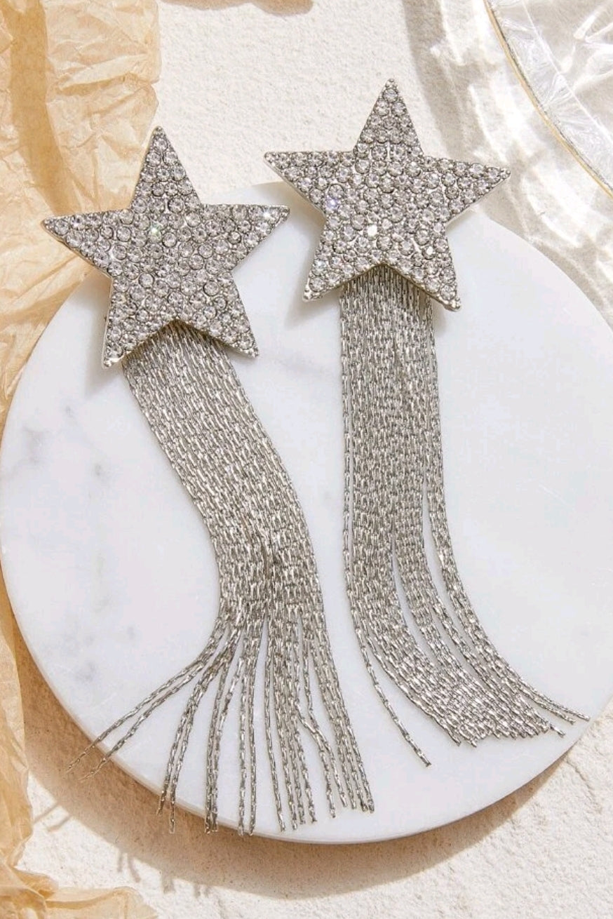 Rhinestone Fringe Star Statement Earrings