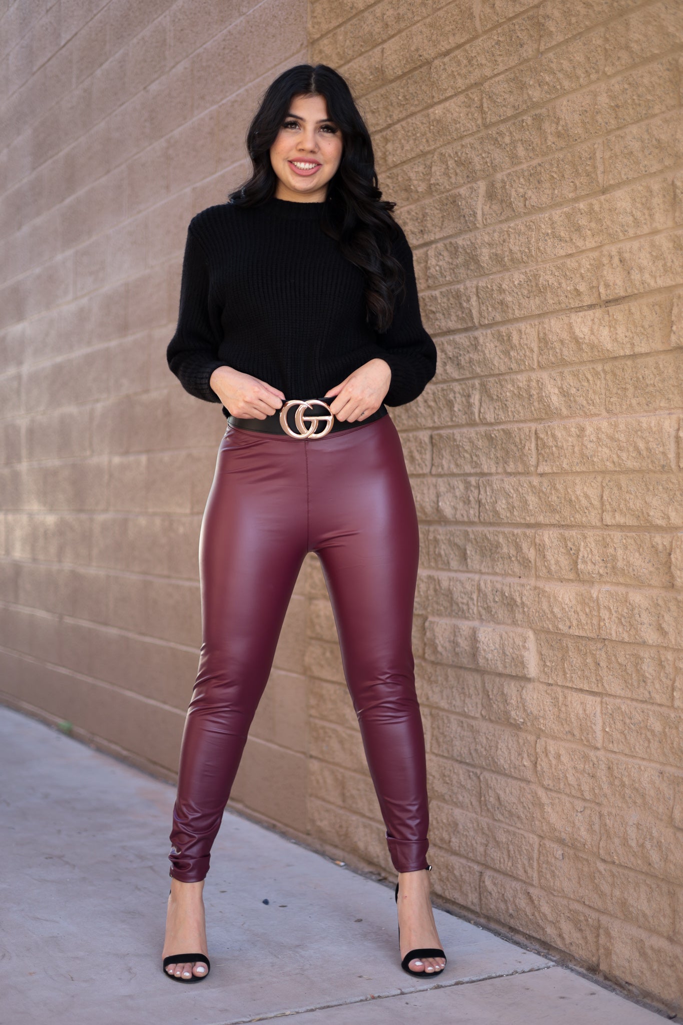 Petite Womens Burgundy Red Stretch Leather Leggings | PixieGirl