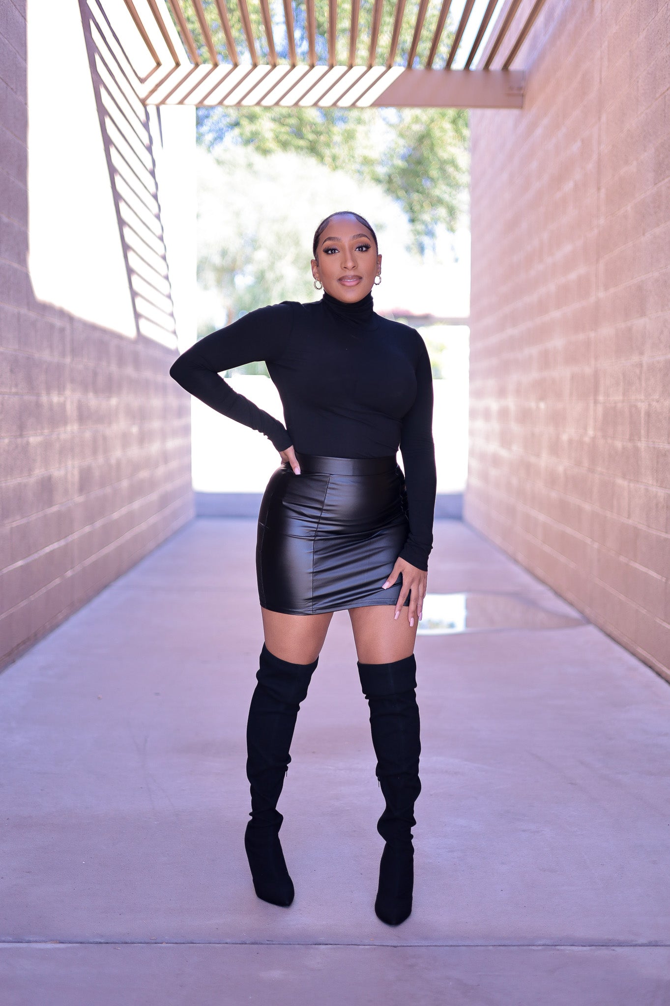 Leather skirt 2024 knee high boots